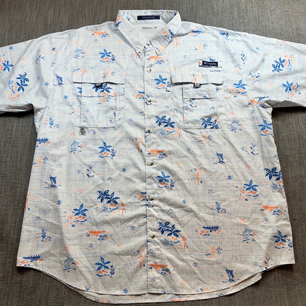 Columbia PFG Fishing Shirt Men XXL Light Blue  Super Bahama‎ Tropical